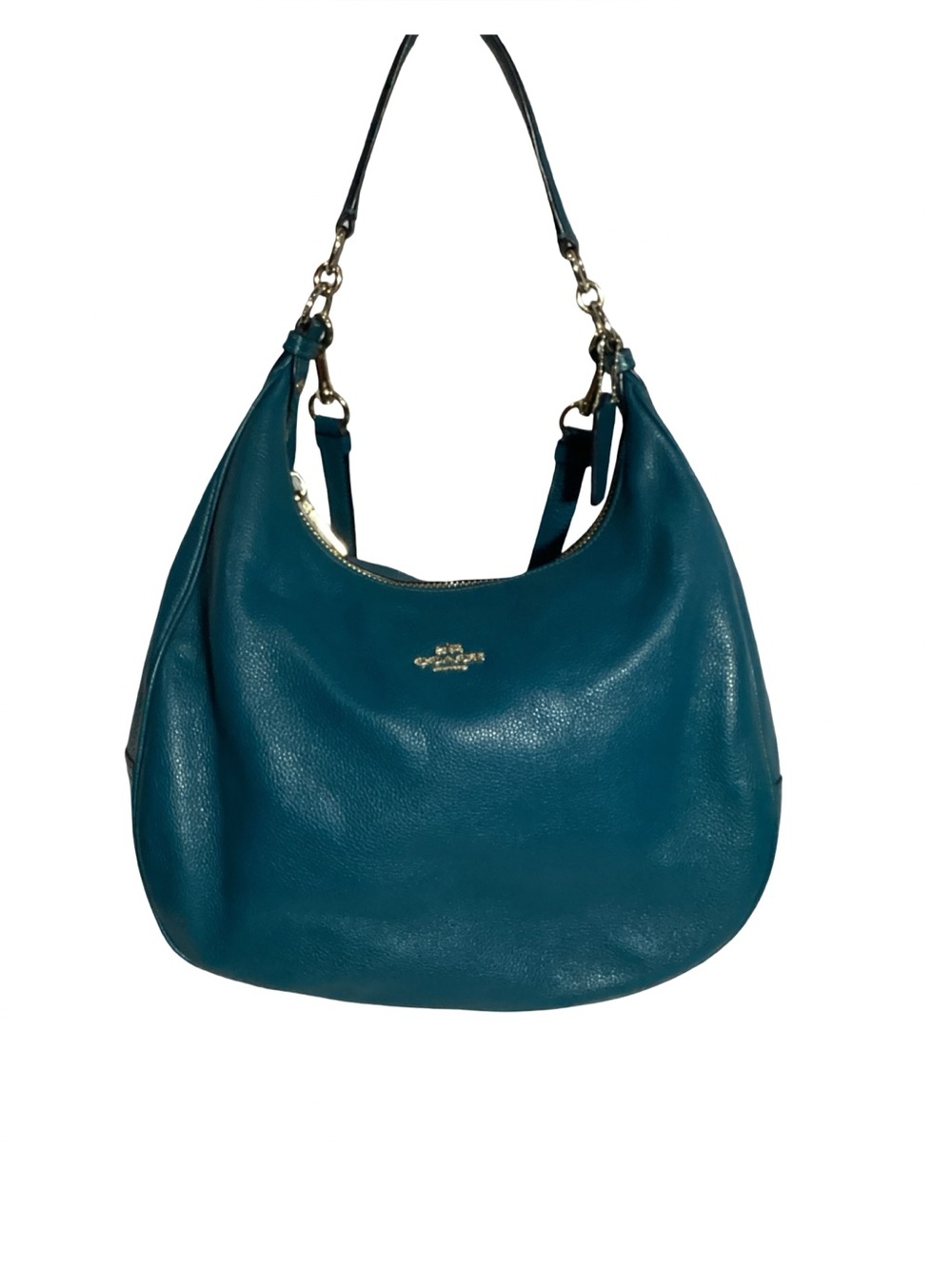 COACH Teal Pebbled Leather Harley East West Hobo Bag with Charm & Long Strap EUC
